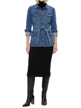 Gap Belted Denim Jacket Small Tall Puff Sleeve Longline Coat NWT